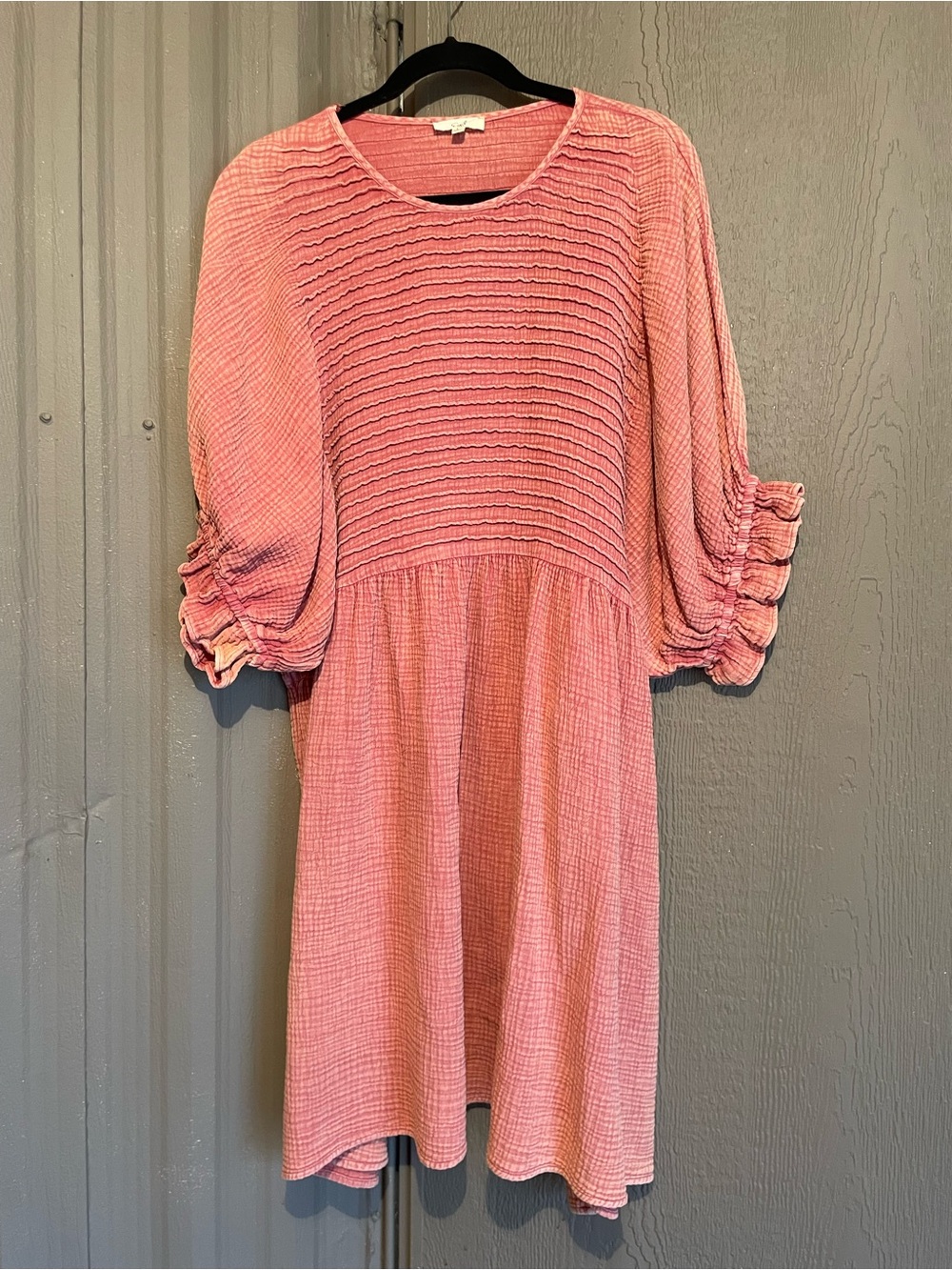 Easel Crinkle Gauze Dress Oversized Boho Midi Balloon Slv Clay Coastal Cottage L - Picture 8 of 13